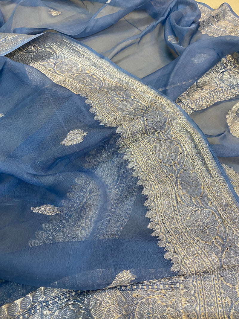 Exquisite Greyish Blue Handloom Banarasi Saree in Pure Khaddi Chiffon by shades of benares