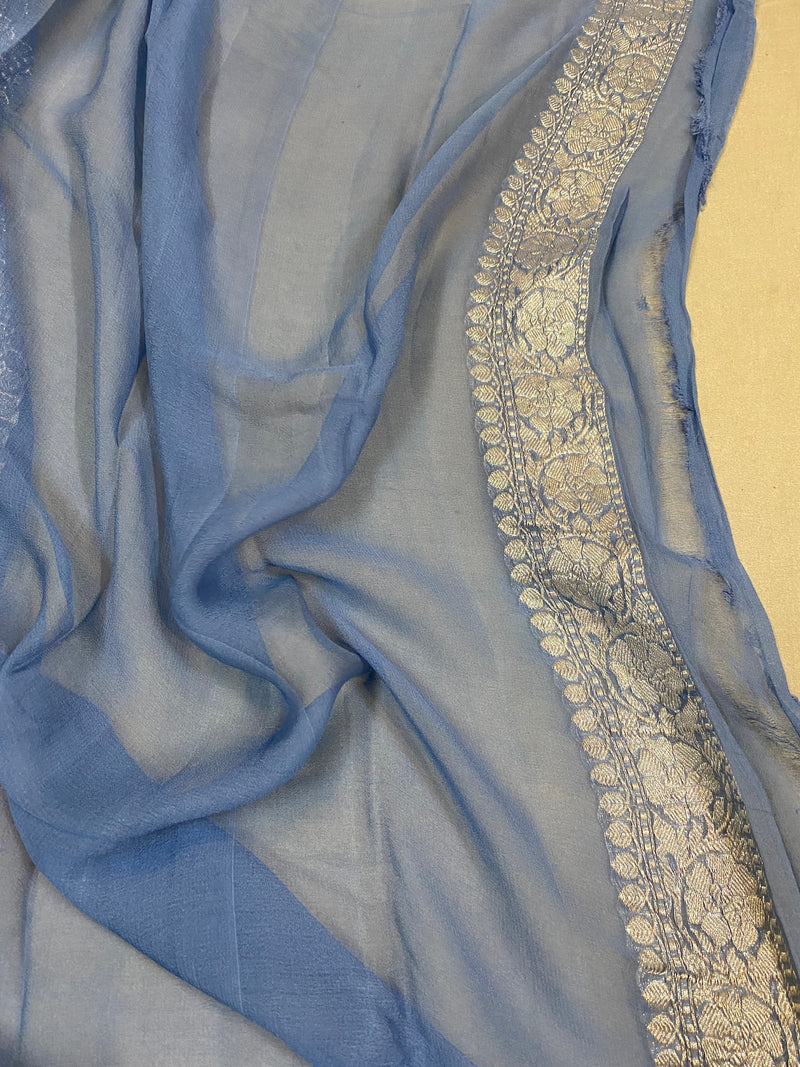 Gorgeous greyish blue pure Khaddi Chiffon Handloom Banarasi Saree by Shades of Benares.