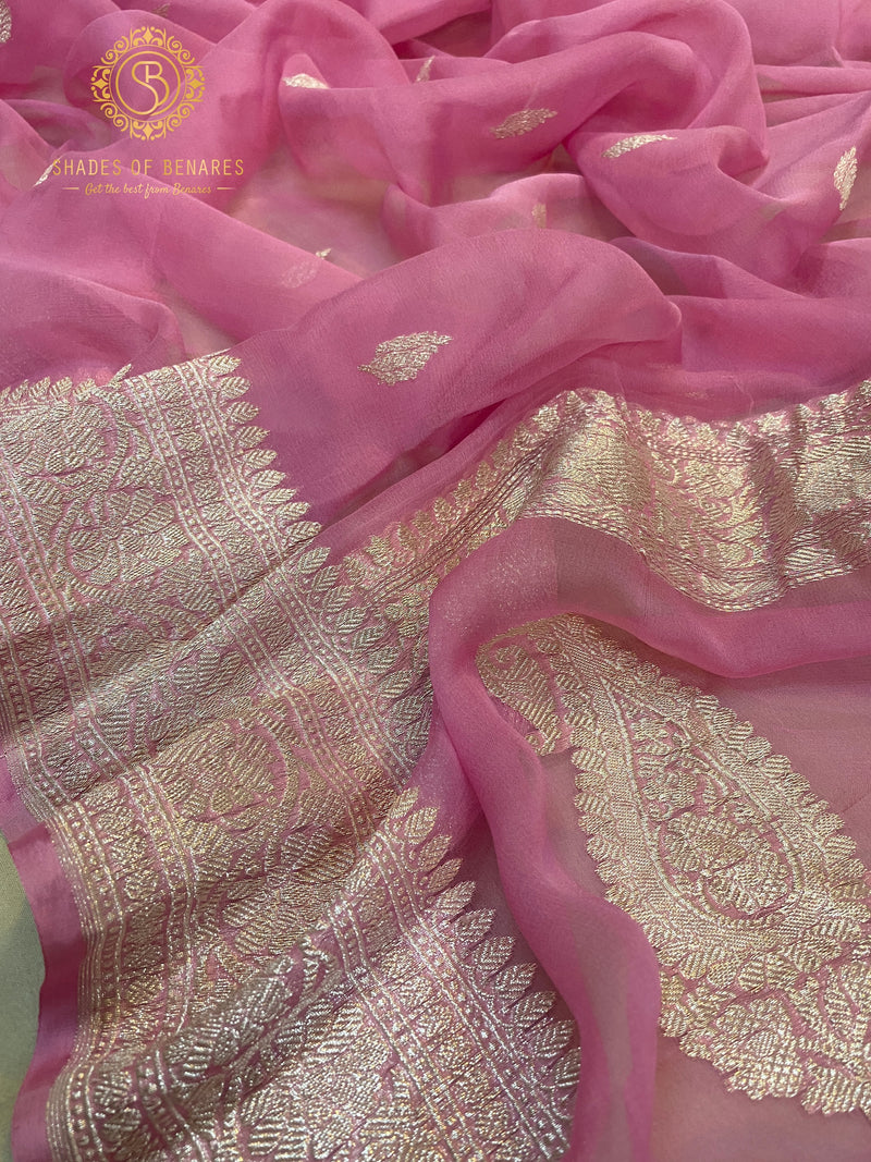 Baby pink pure Khaddi chiffon saree by Shades of Benares, exuding graceful charm.