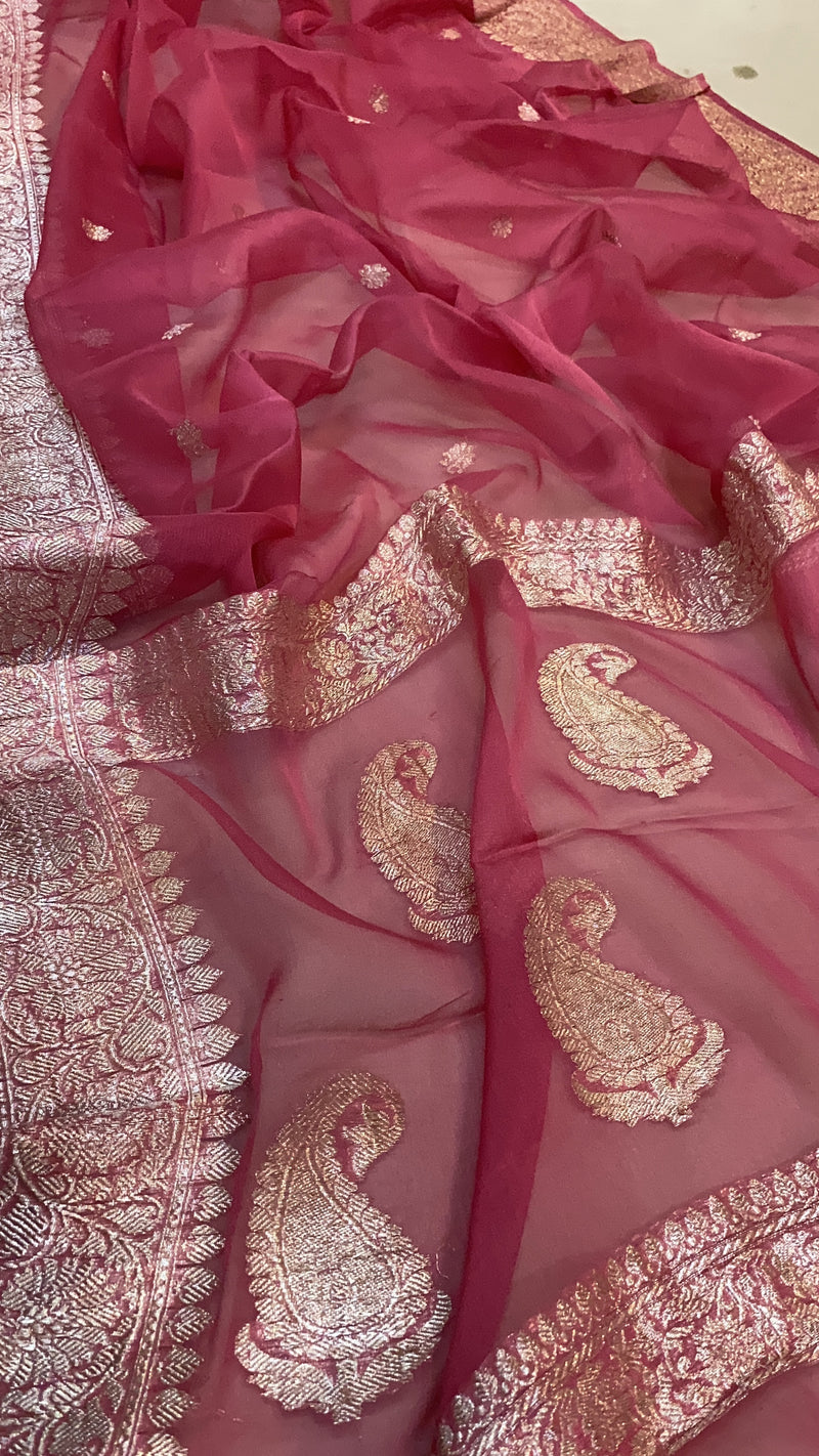 Gorgeous Strawberry Pink Pure Khaddi Chiffon Banarasi Saree from Shades of Benares, exuding radiant beauty.