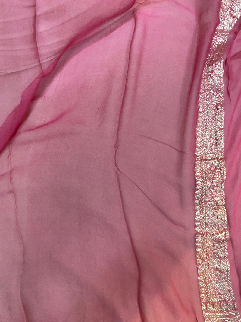 A stunning Strawberry Pink Pure Khaddi Chiffon Banarasi Saree by Shades of Benares, radiating elegance and beauty.