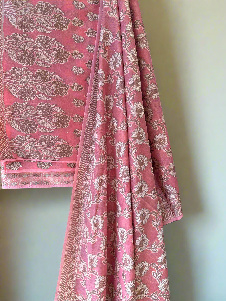 Baby Pink Pure Cotton Banarasi Suit - Unstitched 3-Piece Set by Shades Of Benares - banarasi - banarasi saree shop - banarasi saree manufacturers - banarasi saree wholesale - banaraasi sarees
