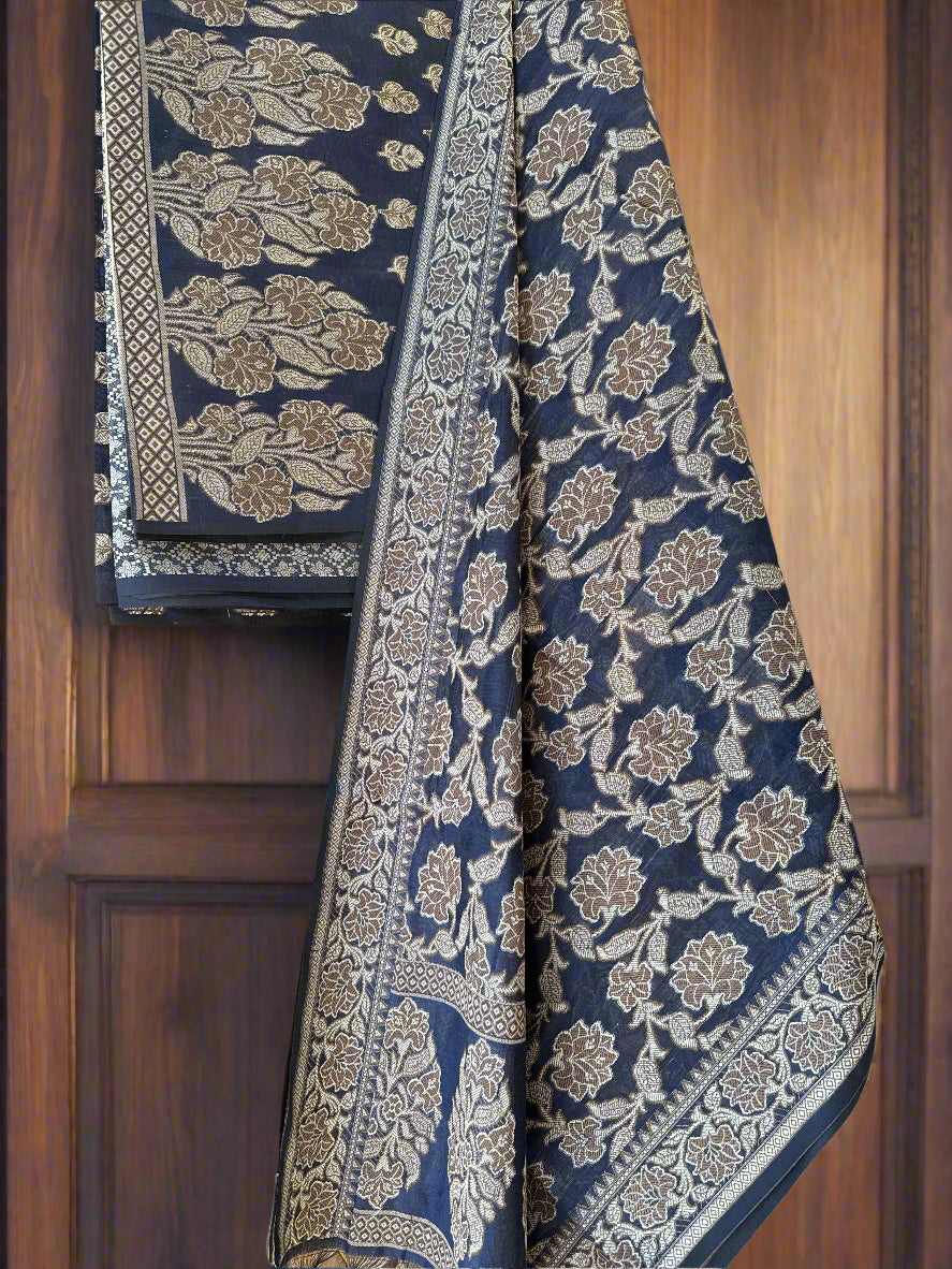 Greyish Blue Pure Cotton 3-Piece Banarasi Suit – Unstitched Handwoven Elegance by Shades Of Benares - banarasi - banarasi saree shop - banarasi saree manufacturers - banarasi saree wholesale - banaraasi sarees