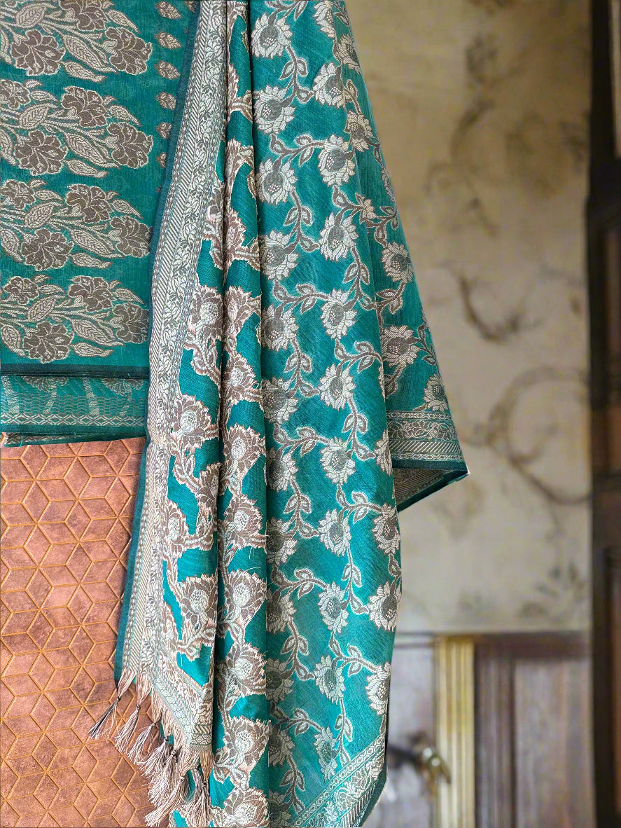 Sea Green Pure Cotton 3-Piece Banarasi Suit – Unstitched Handwoven Elegance by Shades Of Benares - banarasi - banarasi saree shop - banarasi saree manufacturers - banarasi saree wholesale - banaraasi sarees