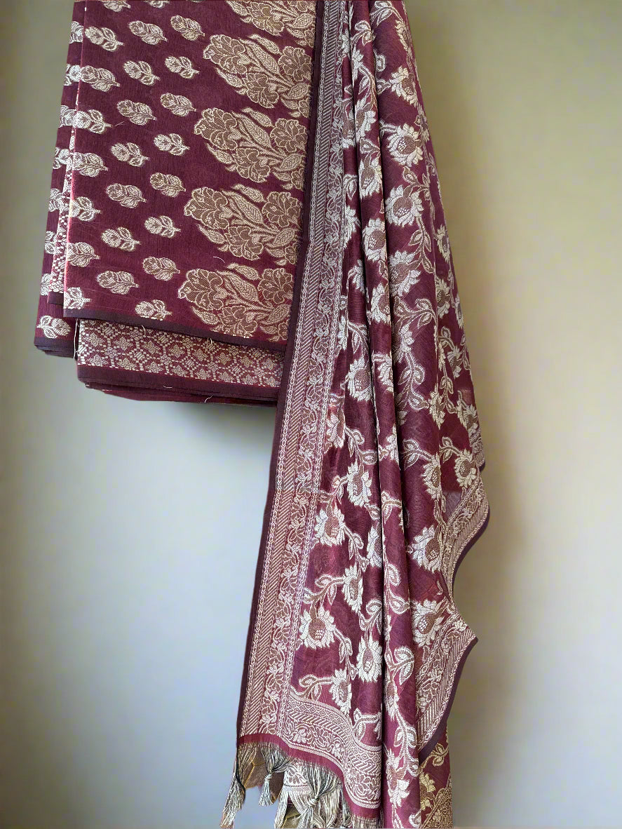 Classic Wine Pure Cotton 3-Piece Banarasi Suit – Unstitched Handwoven Elegance by Shades Of Benares - banarasi - banarasi saree shop - banarasi saree manufacturers - banarasi saree wholesale - banaraasi sarees