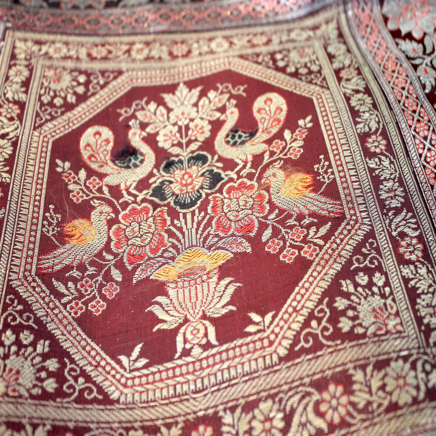 Maroon Handloom Pure Banarasi Silk Brocade Cushion Cover by Shades Of Benares - banarasi - banarasi saree shop - banarasi saree manufacturers - banarasi saree wholesale - banaraasi sarees