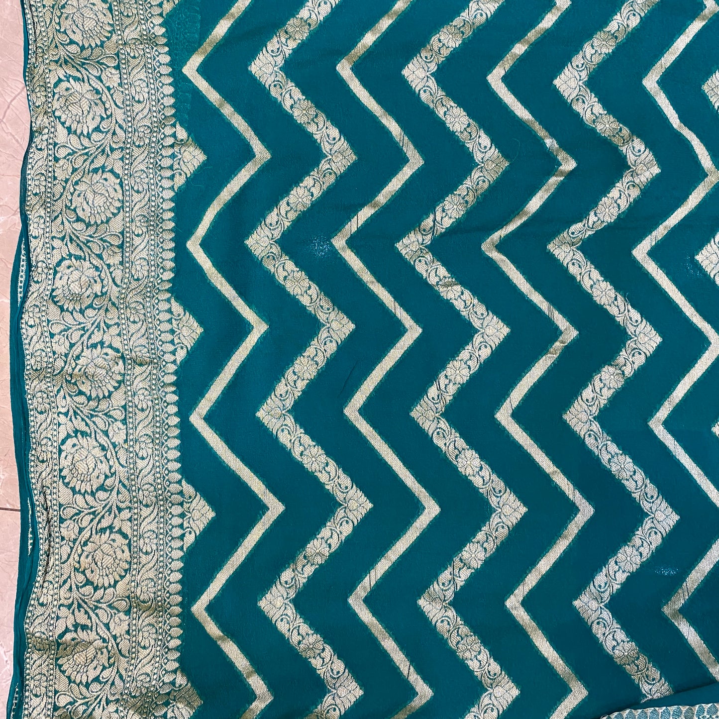 Sea Green Pure Khaddi Georgette Banarasi Saree with Kadhua Border & Designer Blouse