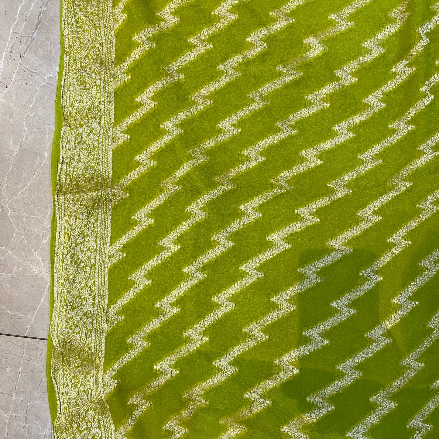 Green Pure Khaddi Georgette Banarasi Saree with Kadhua Border & Designer Blouse