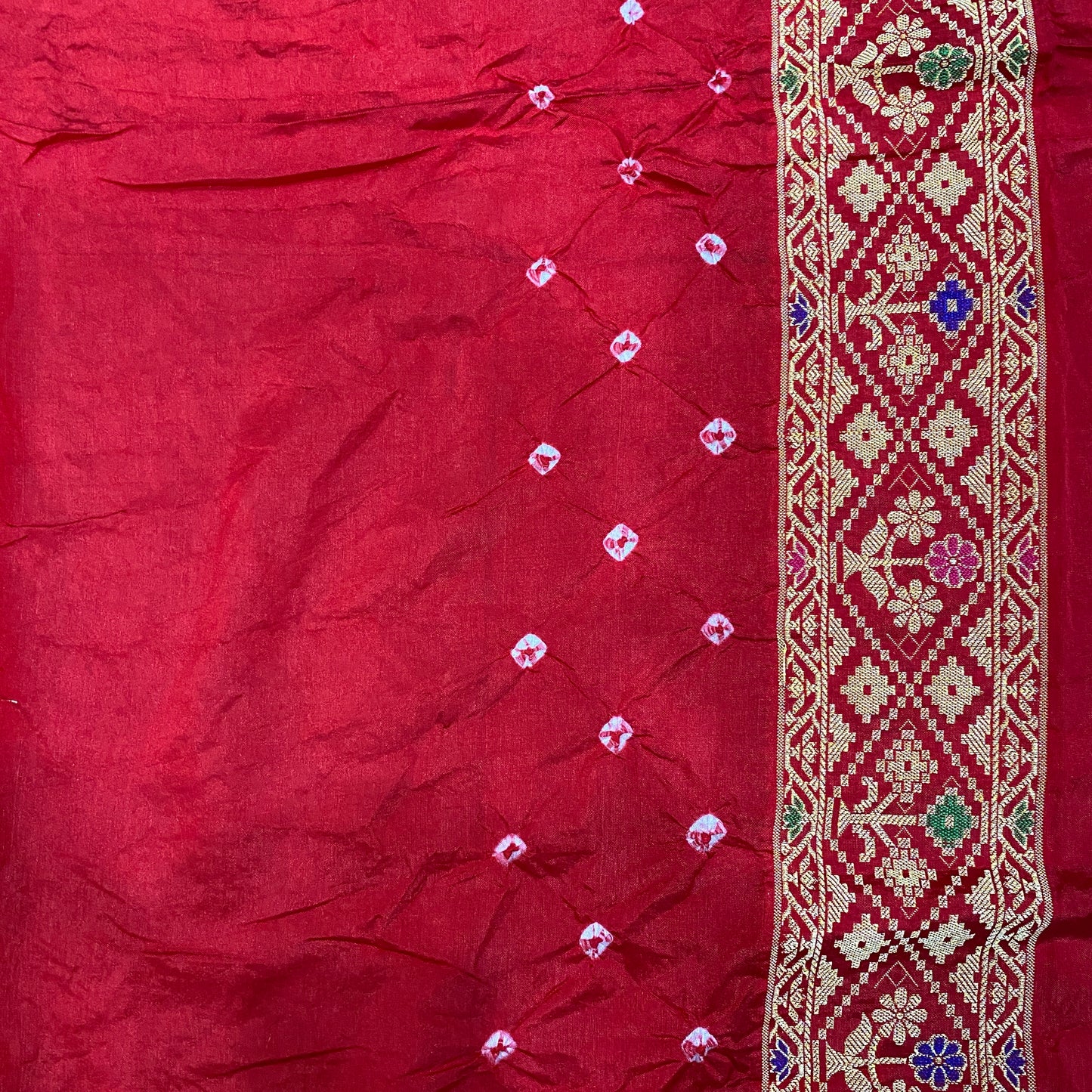 Yellow & Red Pure Georgette Bandhani Banarasi Saree with Minakari Weaving