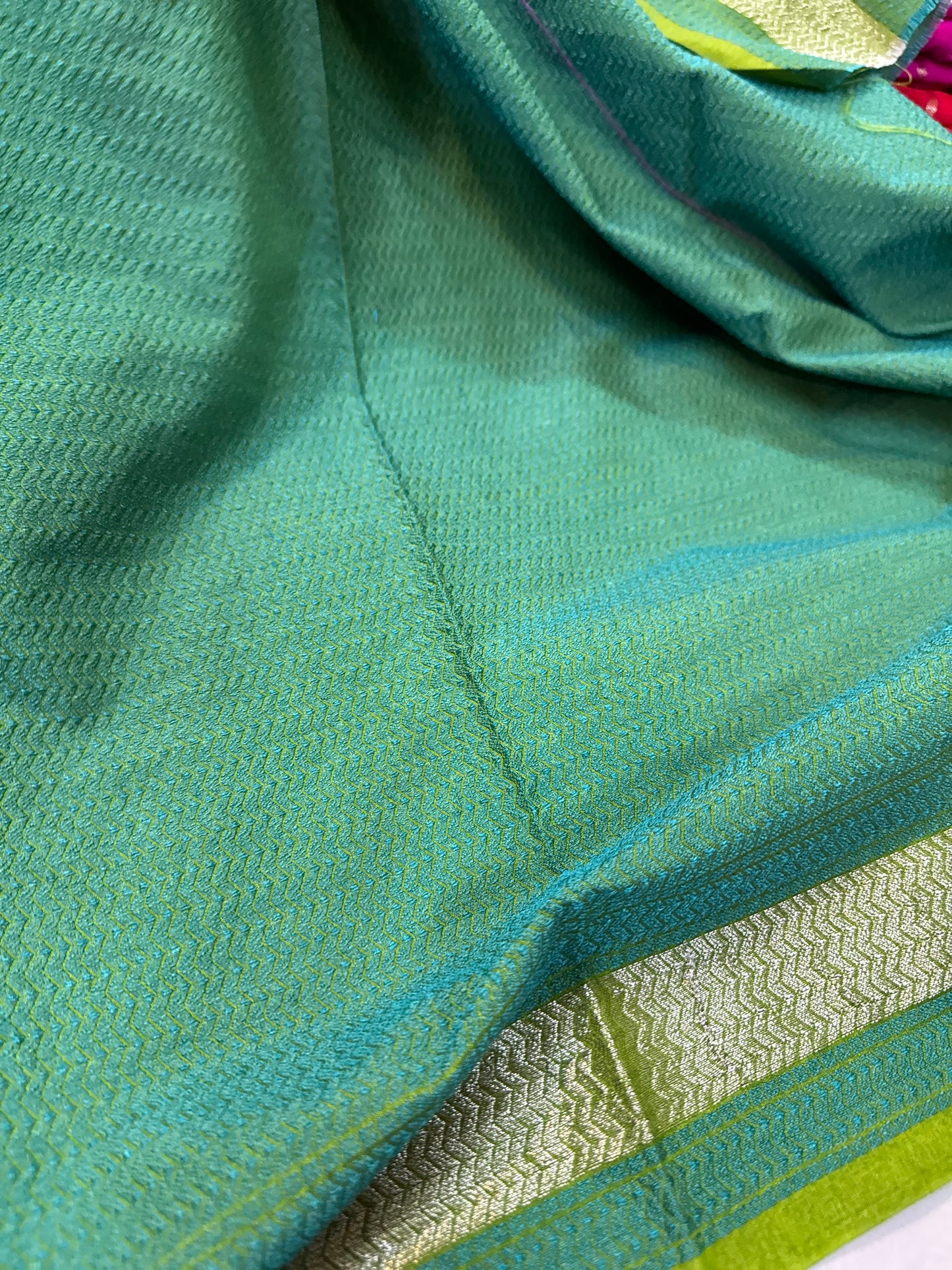 Green Summer Silk Handloom Banarasi Saree with Blue Butis by Shades Of Benares - banarasi - banarasi saree shop - banarasi saree manufacturers - banarasi saree wholesale - banaraasi sarees