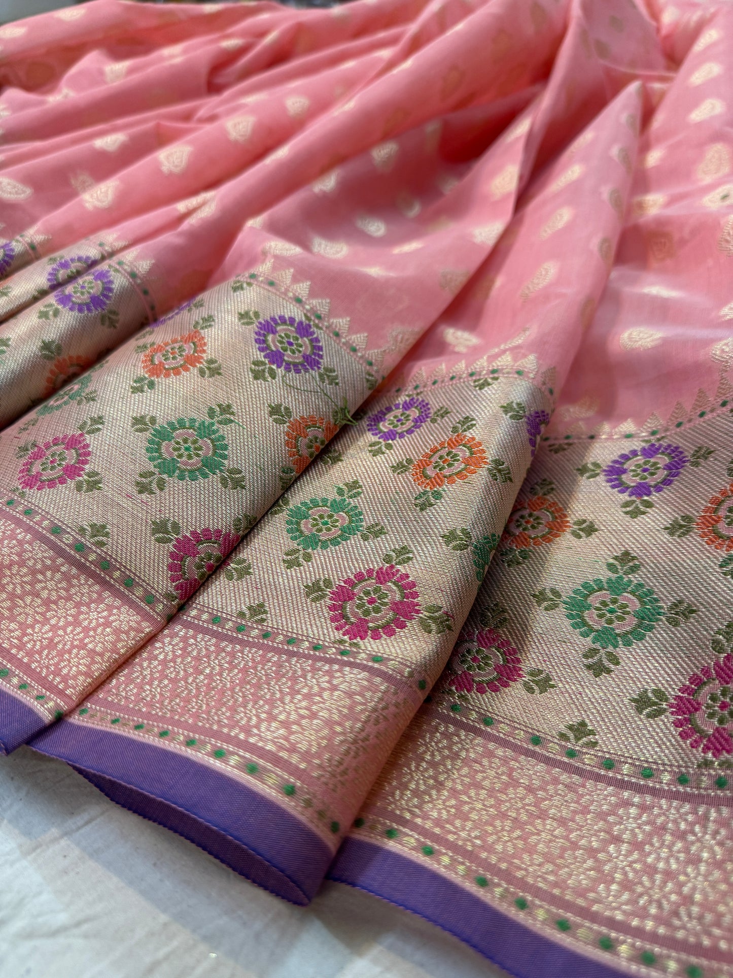 Baby Pink Pure Cotton Handloom Banarasi Saree with Tilfi Border by Shades Of Benares - banarasi - banarasi saree shop - banarasi saree manufacturers - banarasi saree wholesale - banaraasi sarees