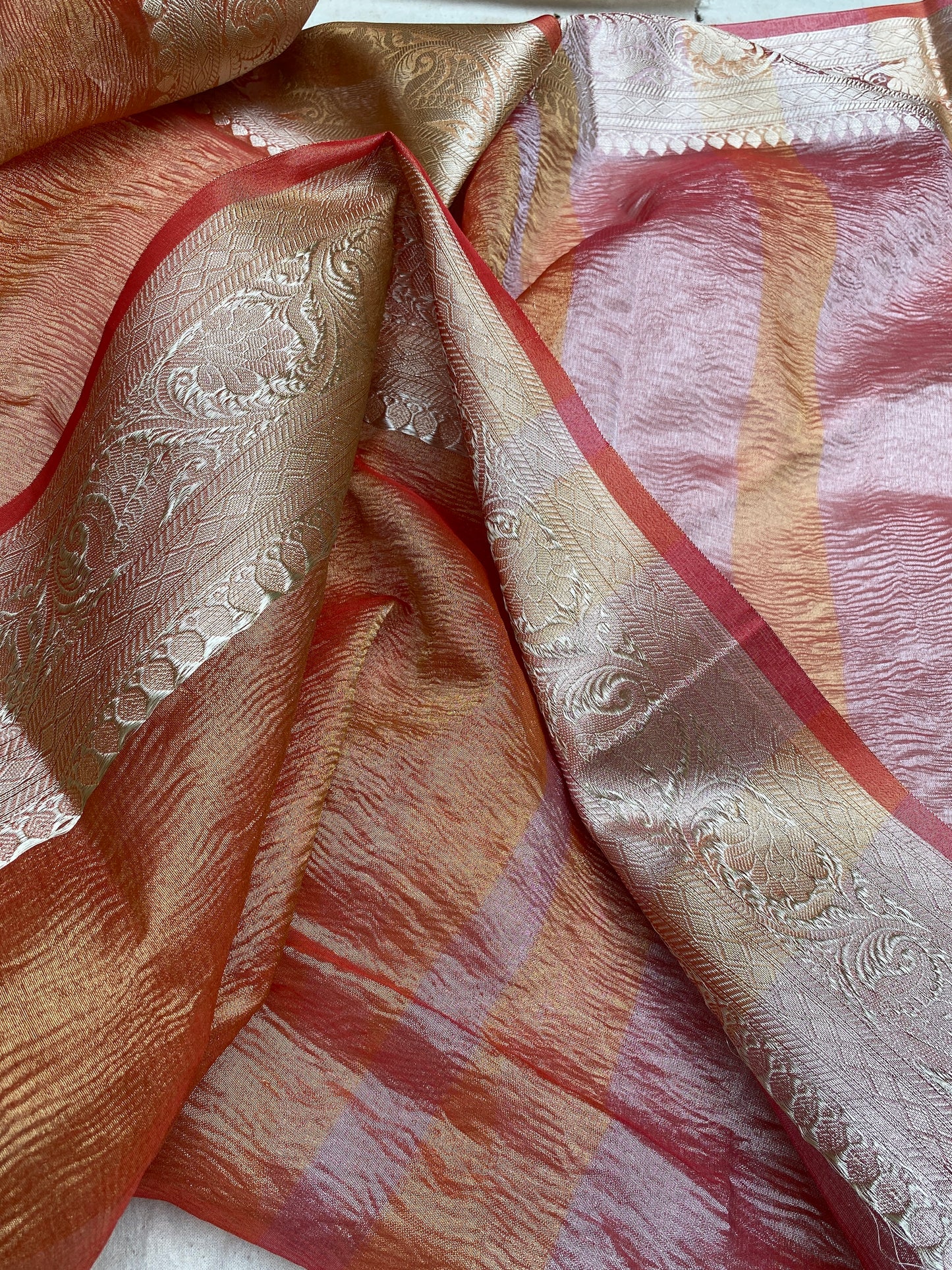 Pinkish Orange Pure Crushed Tissue Handloom Banarasi Saree by Shades Of Benares - banarasi - banarasi saree shop - banarasi saree manufacturers - banarasi saree wholesale - banaraasi sarees