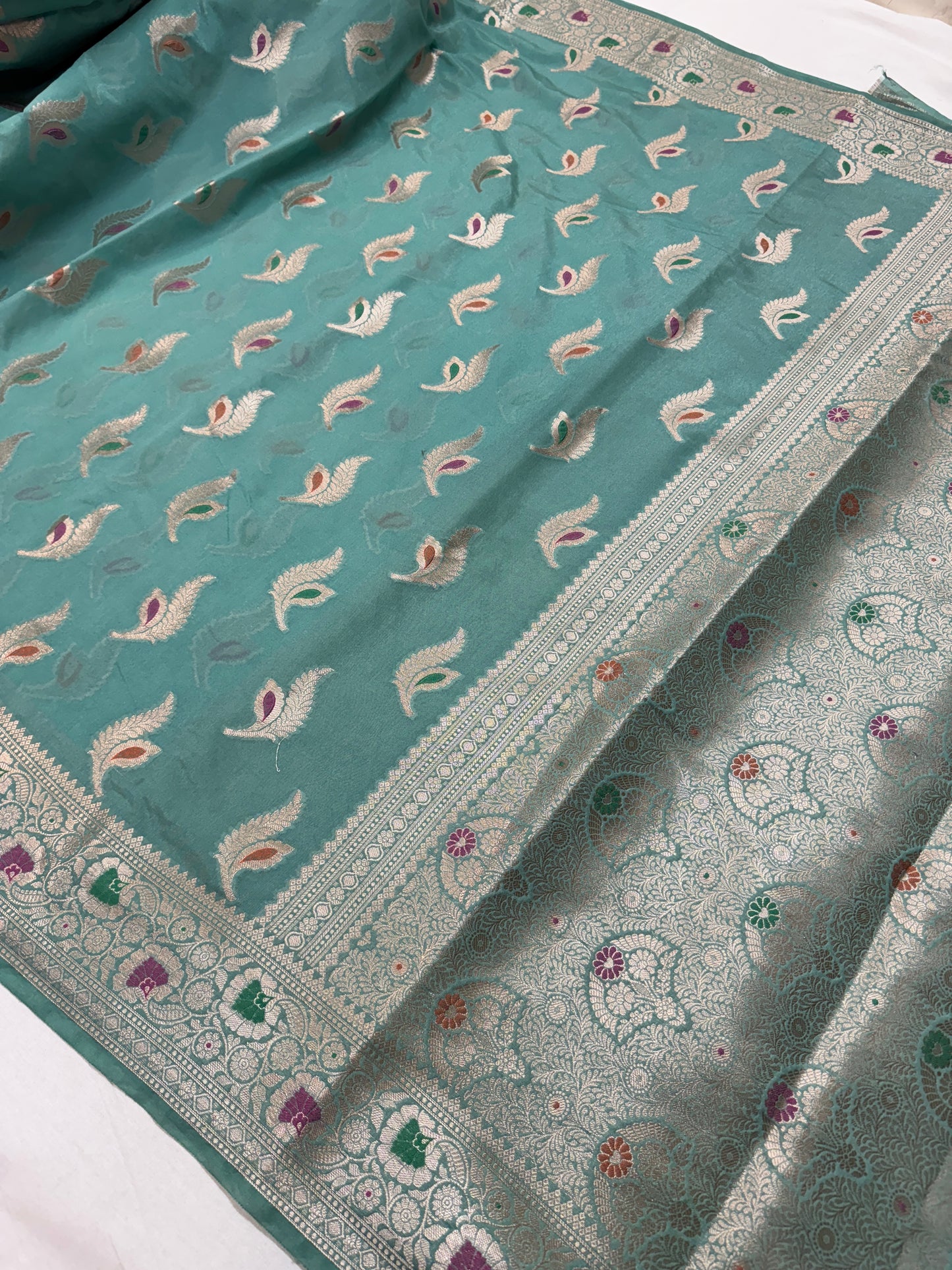 Sea Blue Pure Dupion Silk Handloom Banarasi Saree with Minakari Butis by Shades Of Benares - banarasi - banarasi saree shop - banarasi saree manufacturers - banarasi saree wholesale - banaraasi sarees