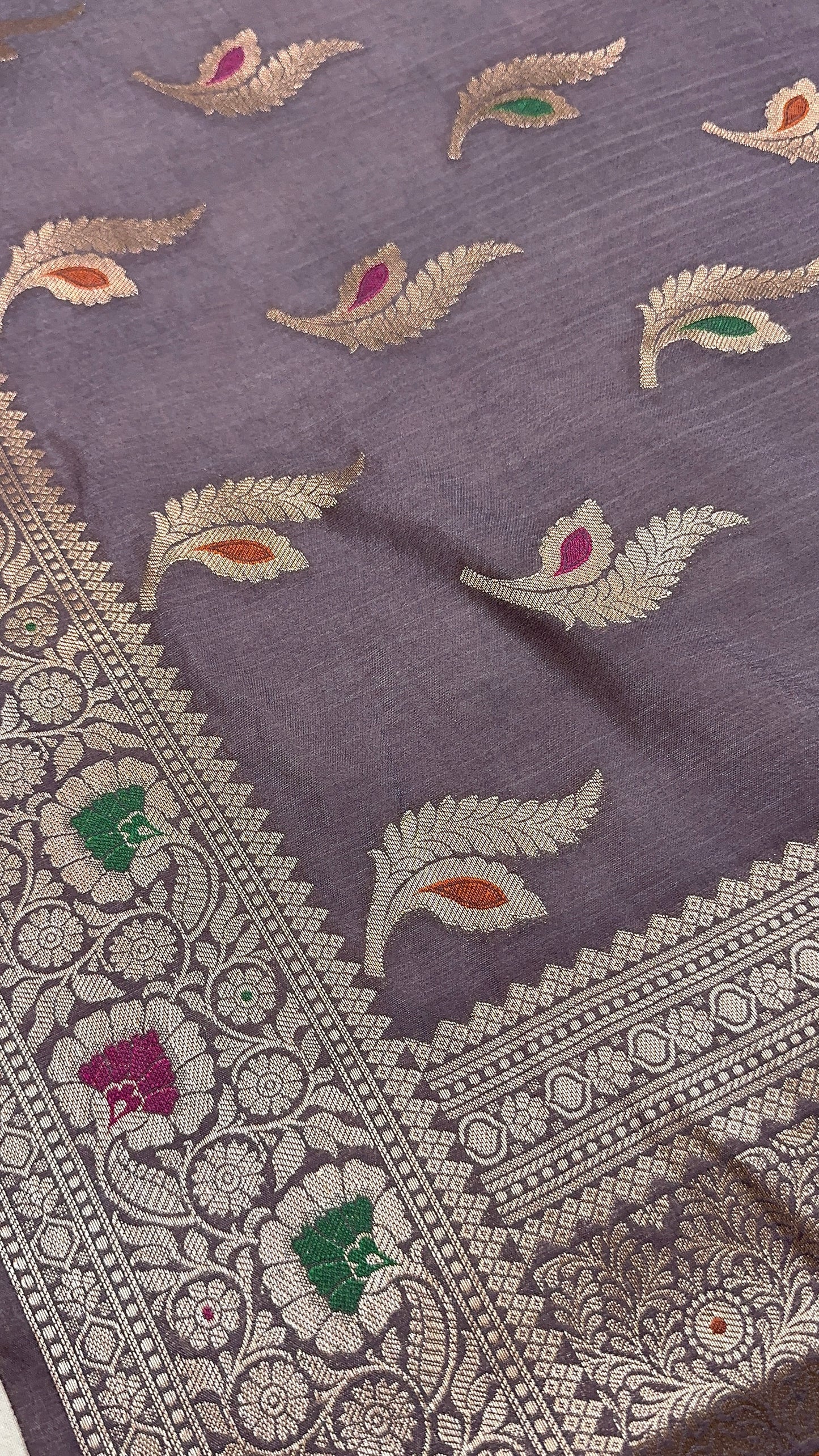 Grey Pure Dupion Silk Handloom Banarasi Saree with Minakari Butis by Shades Of Benares - banarasi - banarasi saree shop - banarasi saree manufacturers - banarasi saree wholesale - banaraasi sarees