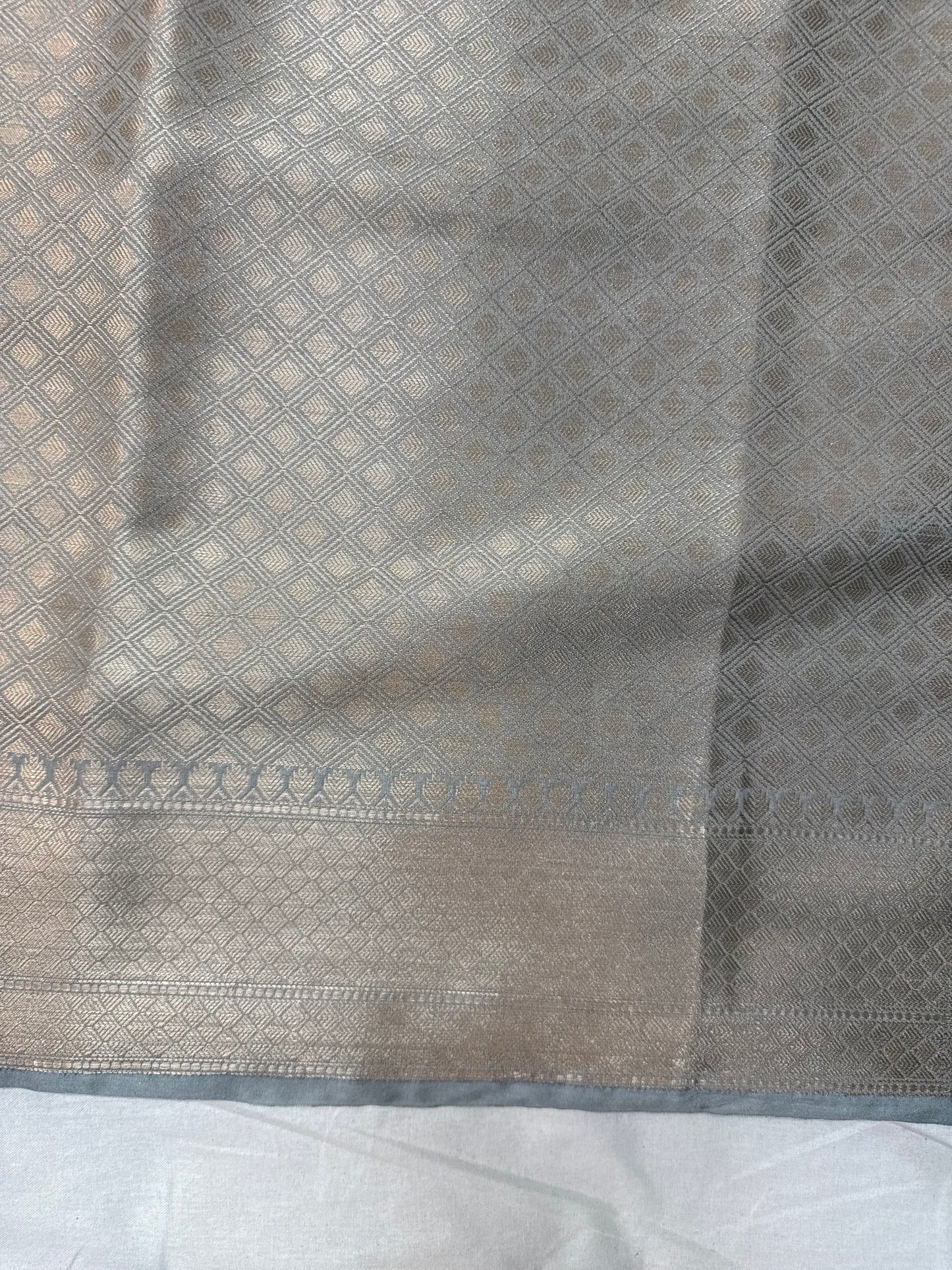 Grey Dupion Silk Handloom Banarasi Saree with Gold Zari Jaal by Shades Of Benares - banarasi - banarasi saree shop - banarasi saree manufacturers - banarasi saree wholesale - banaraasi sarees