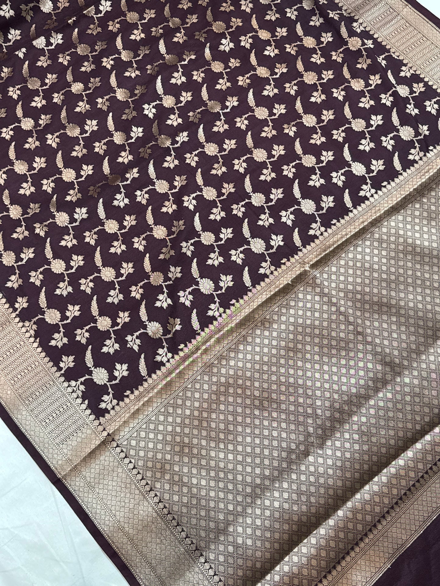 Wine Dupion Silk Handloom Banarasi Saree with Gold Zari Jaal by Shades Of Benares - banarasi - banarasi saree shop - banarasi saree manufacturers - banarasi saree wholesale - banaraasi sarees