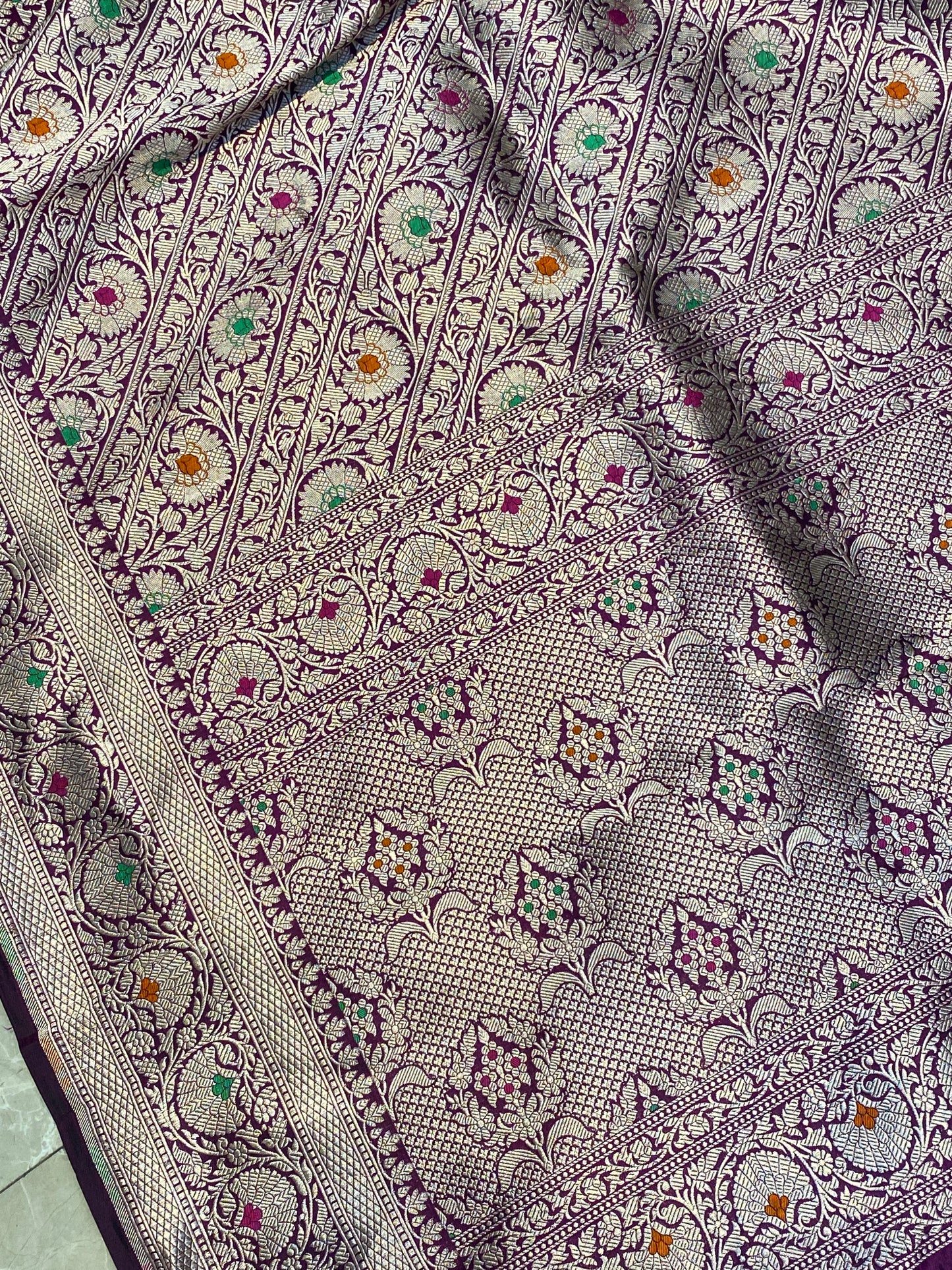 Purple Pure Silk Banarasi Saree with Handwoven Jaal Work by Shades Of Benares - banarasi - banarasi saree shop - banarasi saree manufacturers - banarasi saree wholesale - banaraasi sarees