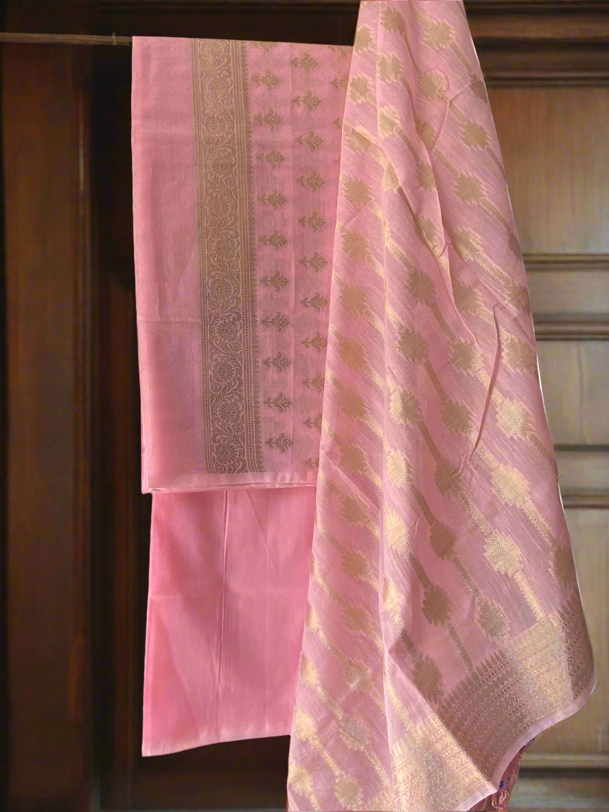 Light Pink Pure Cotton Unstitched Dress Material with Gold Weaving by Shades Of Benares - banarasi - banarasi saree shop - banarasi saree manufacturers - banarasi saree wholesale - banaraasi sarees