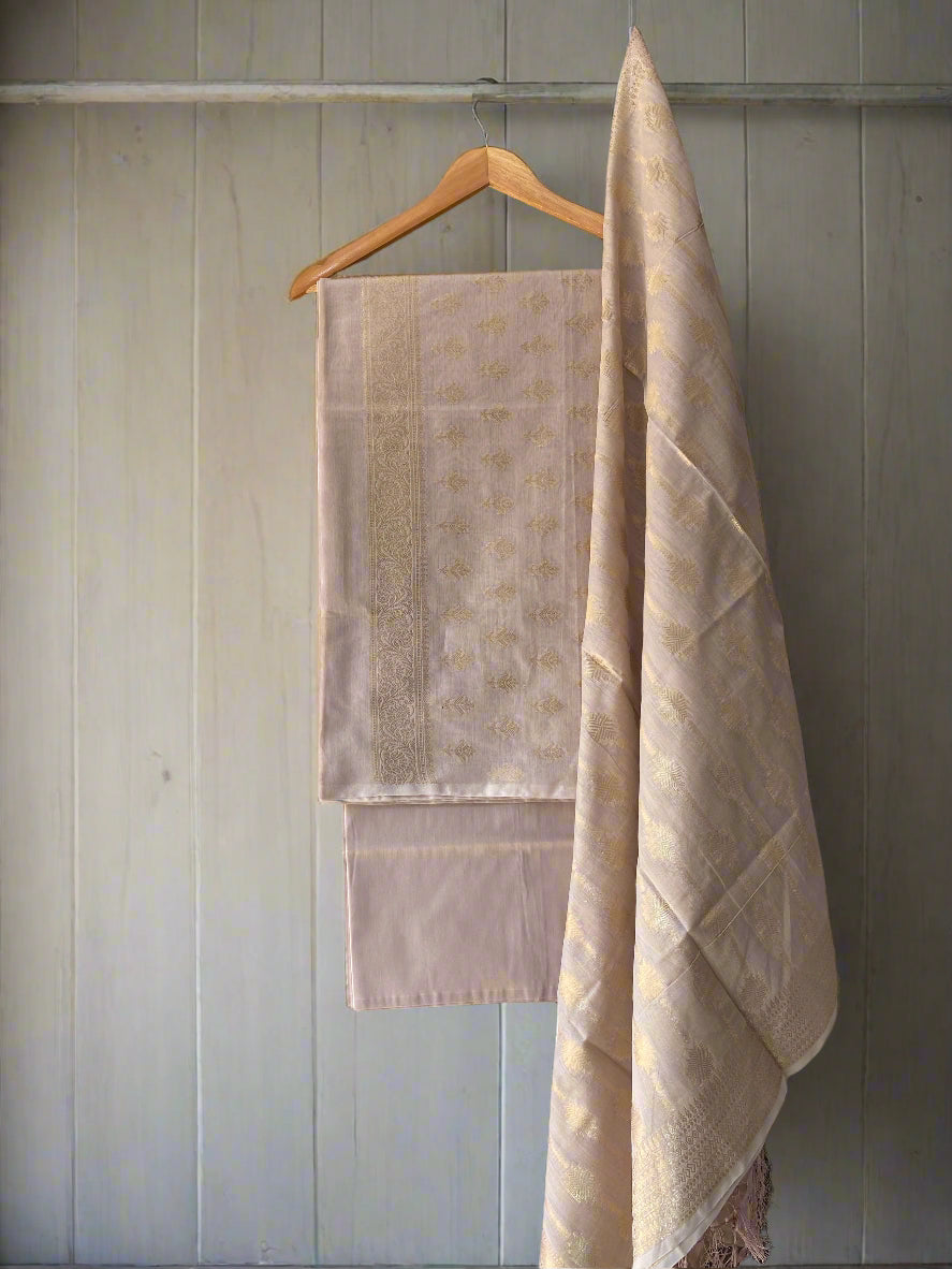 Grey Pure Cotton Unstitched Dress Material with Gold Weaving by Shades Of Benares - banarasi - banarasi saree shop - banarasi saree manufacturers - banarasi saree wholesale - banaraasi sarees