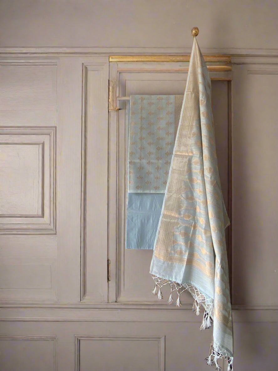 Light Blue Pure Cotton 3-Piece Unstitched Dress Material by Shades Of Benares - banarasi - banarasi saree shop - banarasi saree manufacturers - banarasi saree wholesale - banaraasi sarees