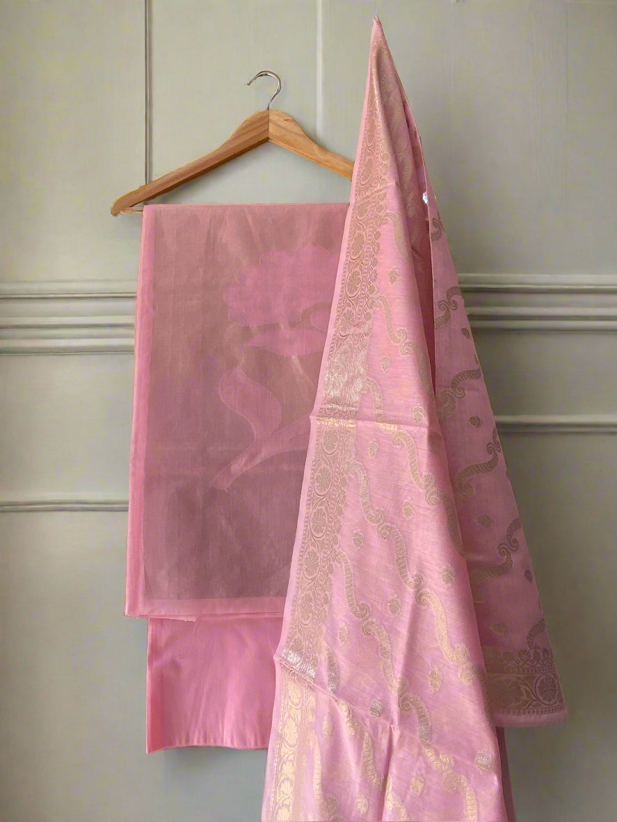 Baby Pink Pure Cotton 3-Piece Unstitched Dress Material by Shades Of Benares - banarasi - banarasi saree shop - banarasi saree manufacturers - banarasi saree wholesale - banaraasi sarees