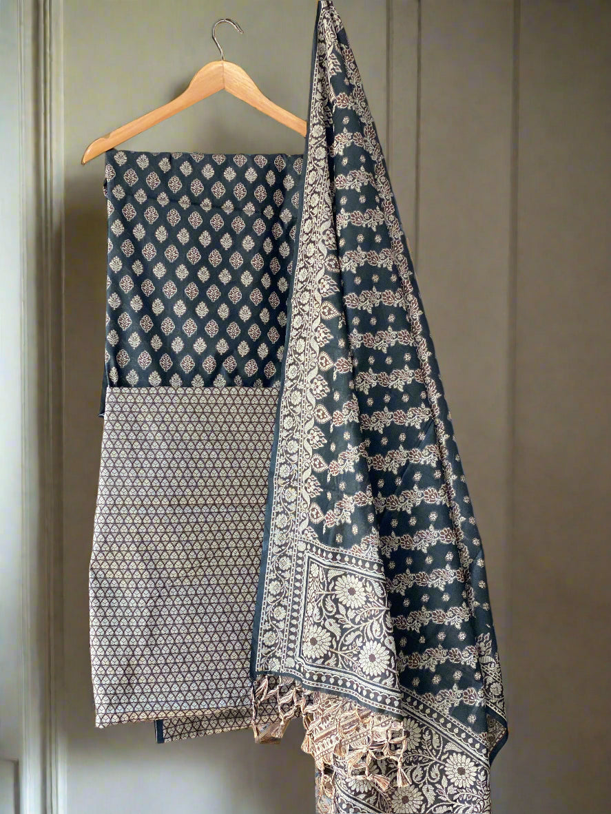 Black Pure Cotton 3-Piece Unstitched Dress Material by Shades Of Benares - banarasi - banarasi saree shop - banarasi saree manufacturers - banarasi saree wholesale - banaraasi sarees