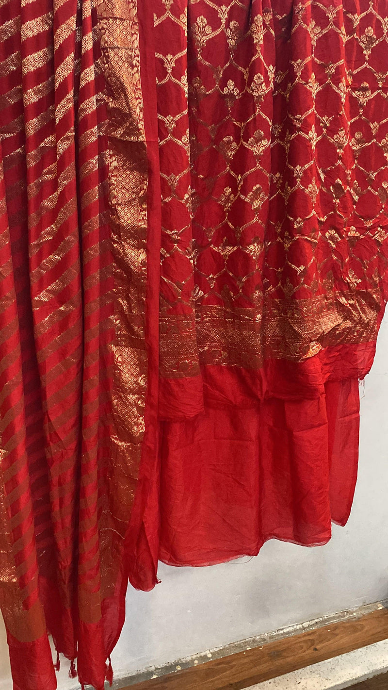 Red Banarasi cotton silk handloom 3 pcs suit set - Shades Of Benares