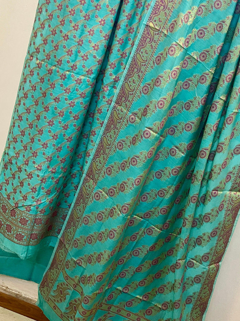 Green Banarasi cotton silk handloom 3 pcs suit set - Shades Of Benares