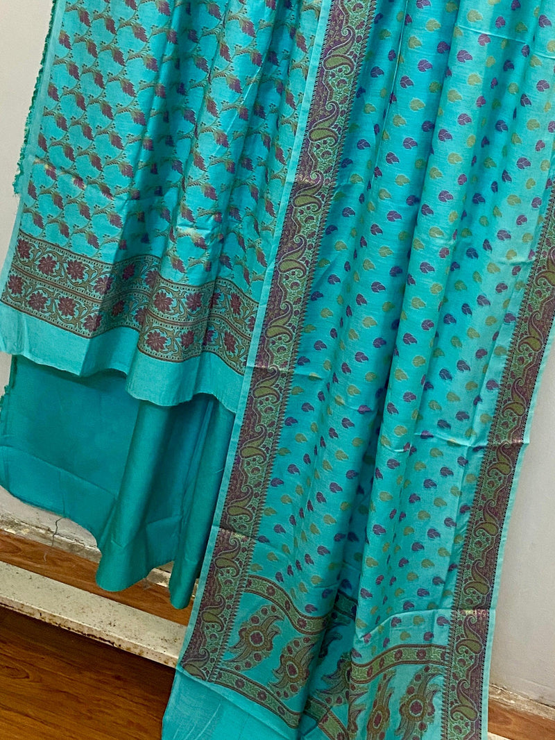 Blue Banarasi cotton silk handloom 3 pcs suit set - Shades Of Benares
