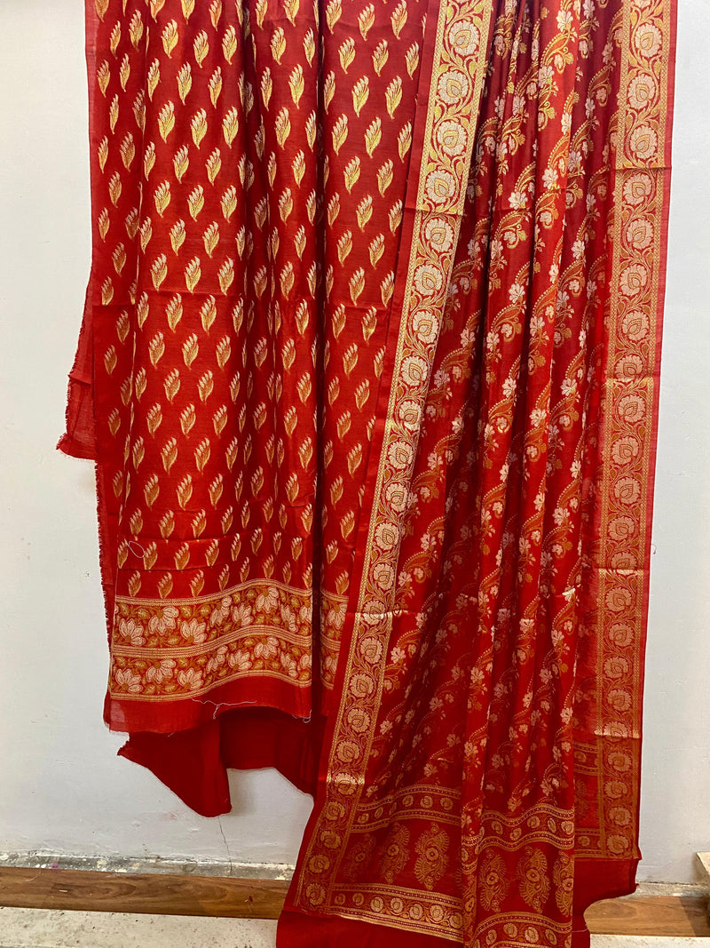 Red Banarasi cotton silk handloom 3 pcs suit set - Shades Of Benares
