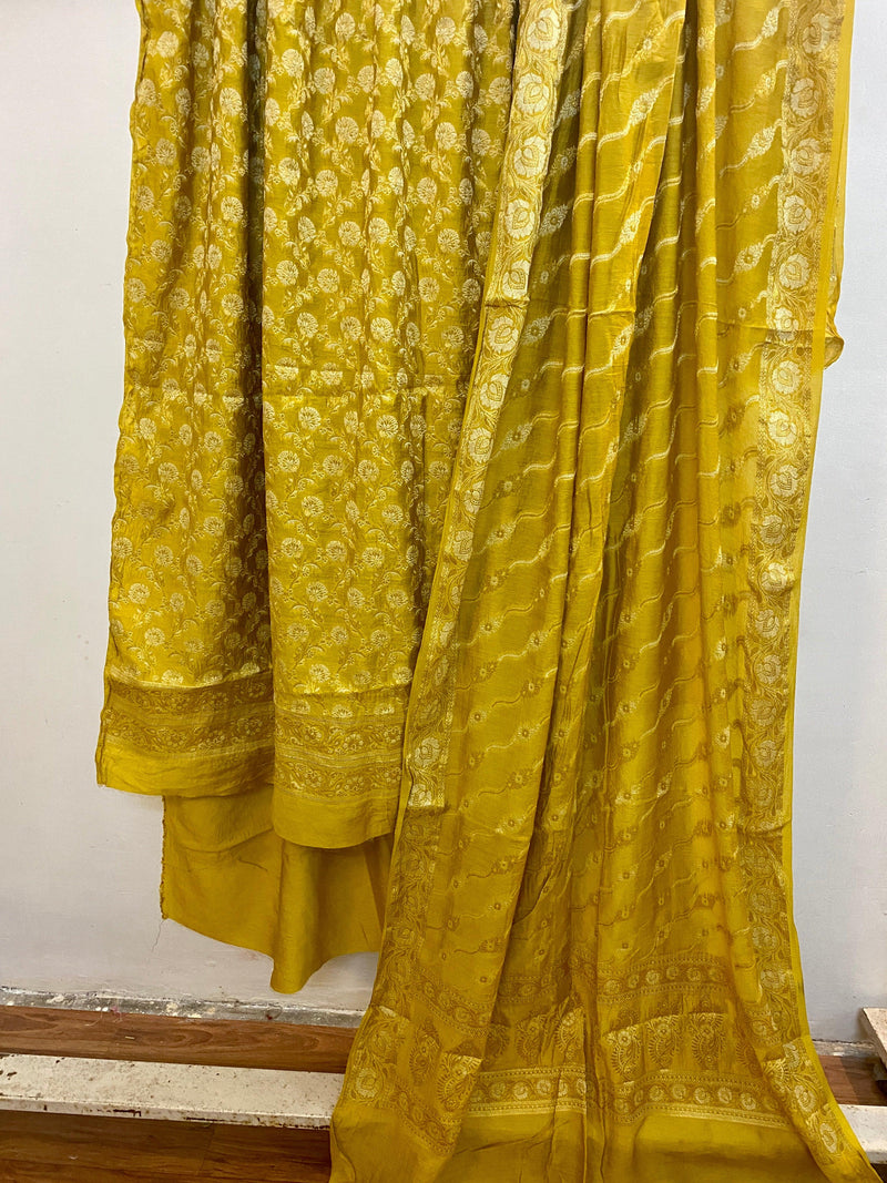Yellow Banarasi cotton silk handloom 3 pcs suit set - Shades Of Benares