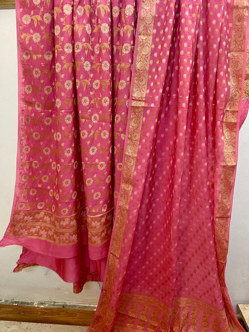 Pink Banarasi cotton silk handloom 3 pcs suit set - Shades Of Benares