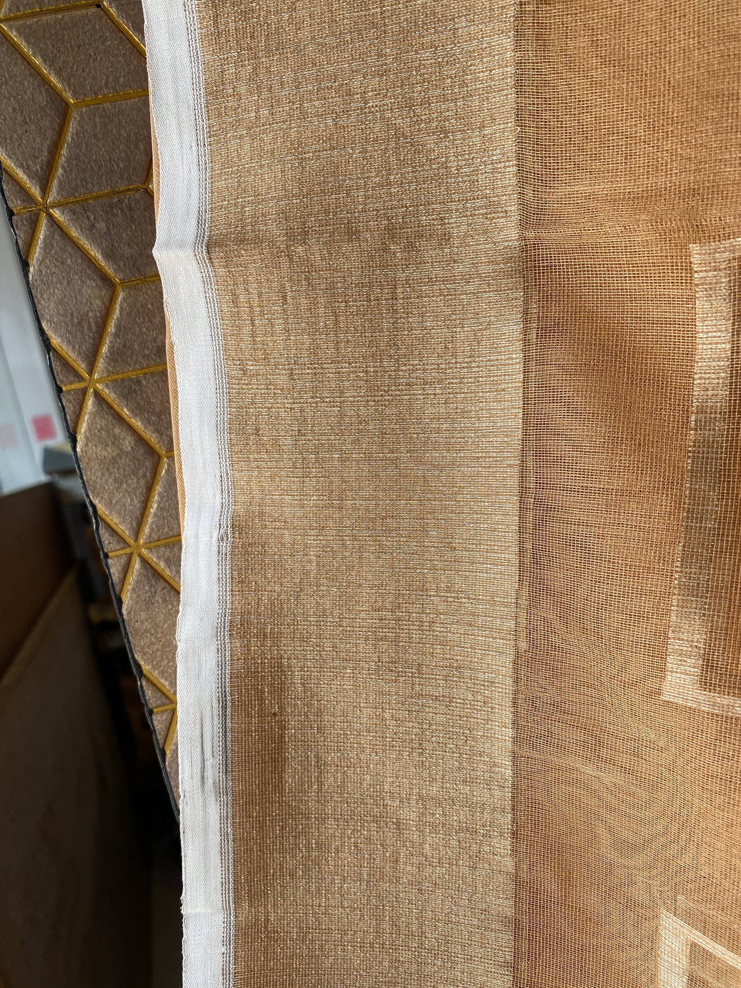 Peach Tissue Silk Banarasi Saree with Kadhwa Minakari in Temple Border by Shades Of Benares - banarasi - banarasi saree shop - banarasi saree manufacturers - banarasi saree wholesale - banaraasi sarees