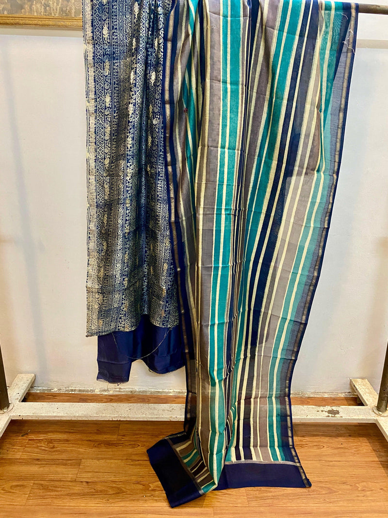 Blue Banarasi Pure cotton handloom 3 pcs suit set - Shades Of Benares