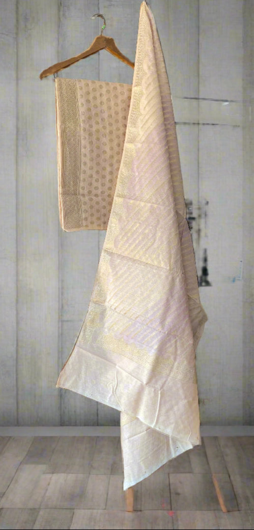 Beige Pure Cotton Banarasi Dress Material Set With Zari Stripes Dupatta by Shades Of Benares - banarasi - banarasi saree shop - banarasi saree manufacturers - banarasi saree wholesale - banaraasi sarees