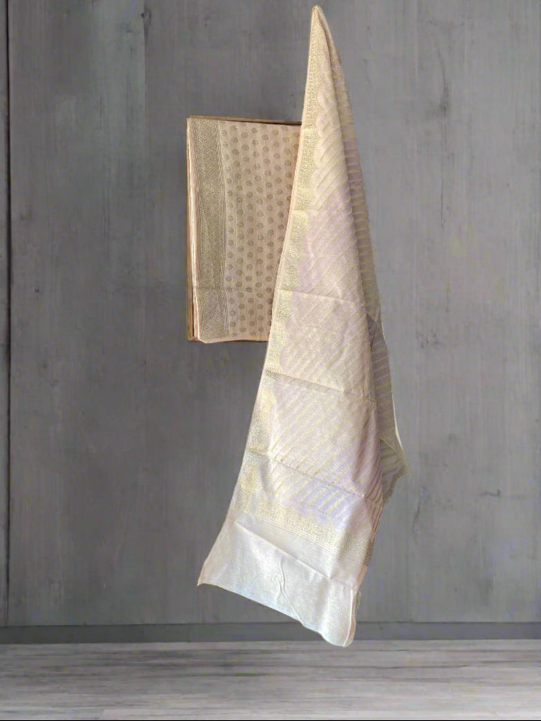 Creme Pure Cotton Banarasi Dress Material Set With Zari Dupatta by Shades Of Benares - banarasi - banarasi saree shop - banarasi saree manufacturers - banarasi saree wholesale - banaraasi sarees