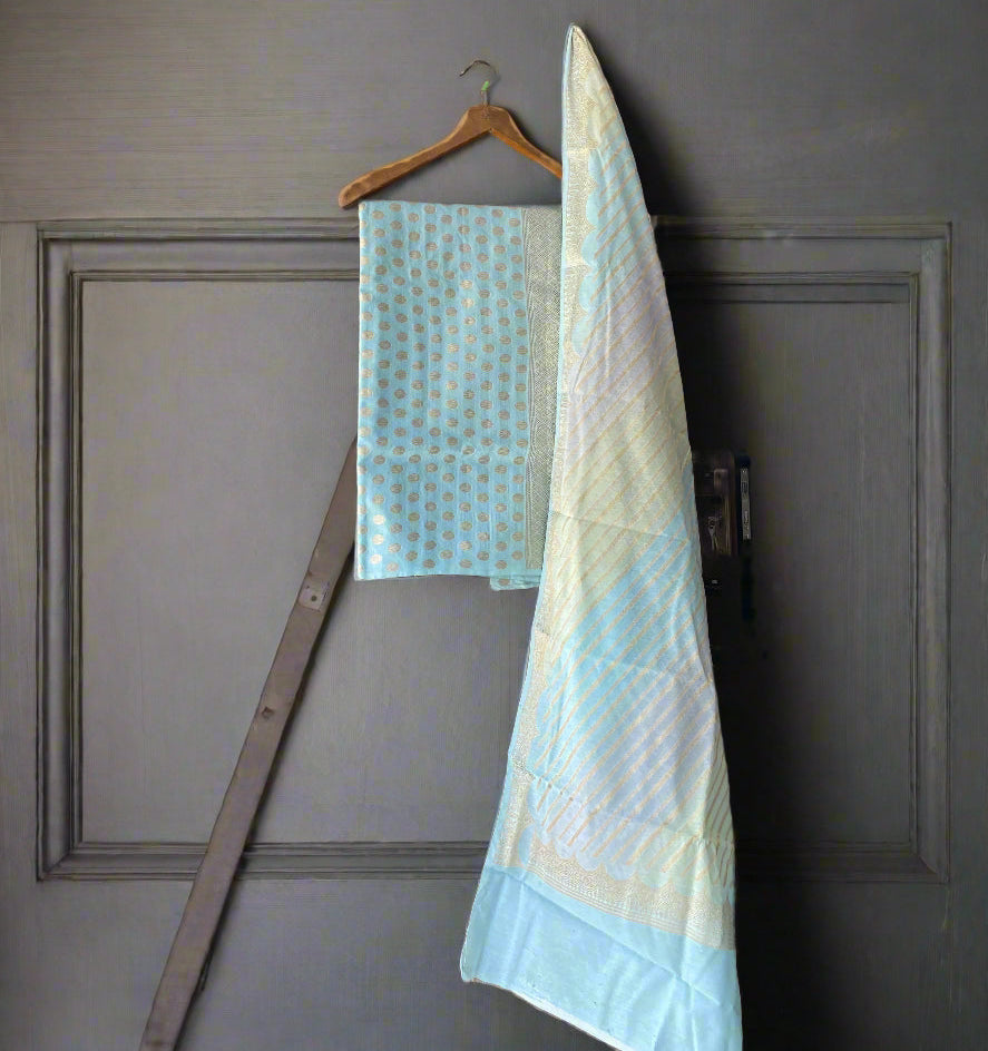 Light Blue Pure Cotton Banarasi Dress Material Set With Zari Dupatta by Shades Of Benares - banarasi - banarasi saree shop - banarasi saree manufacturers - banarasi saree wholesale - banaraasi sarees