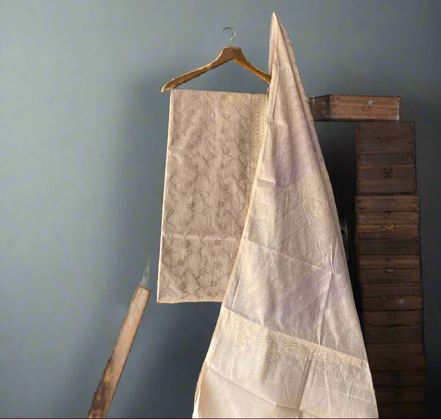 Beige Pure Cotton Banarasi Dress Material Set With Zari Striped Dupatta by Shades Of Benares - banarasi - banarasi saree shop - banarasi saree manufacturers - banarasi saree wholesale - banaraasi sarees