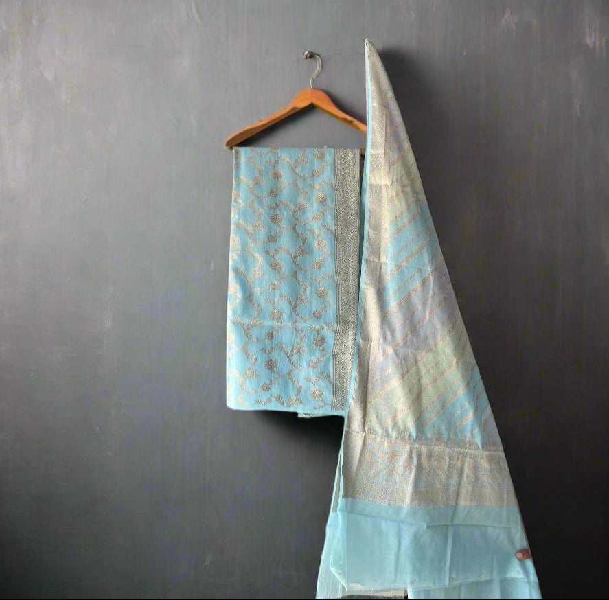 Light Blue Pure Cotton Banarasi Dress Material Set With Zari Striped Dupatta by Shades Of Benares - banarasi - banarasi saree shop - banarasi saree manufacturers - banarasi saree wholesale - banaraasi sarees