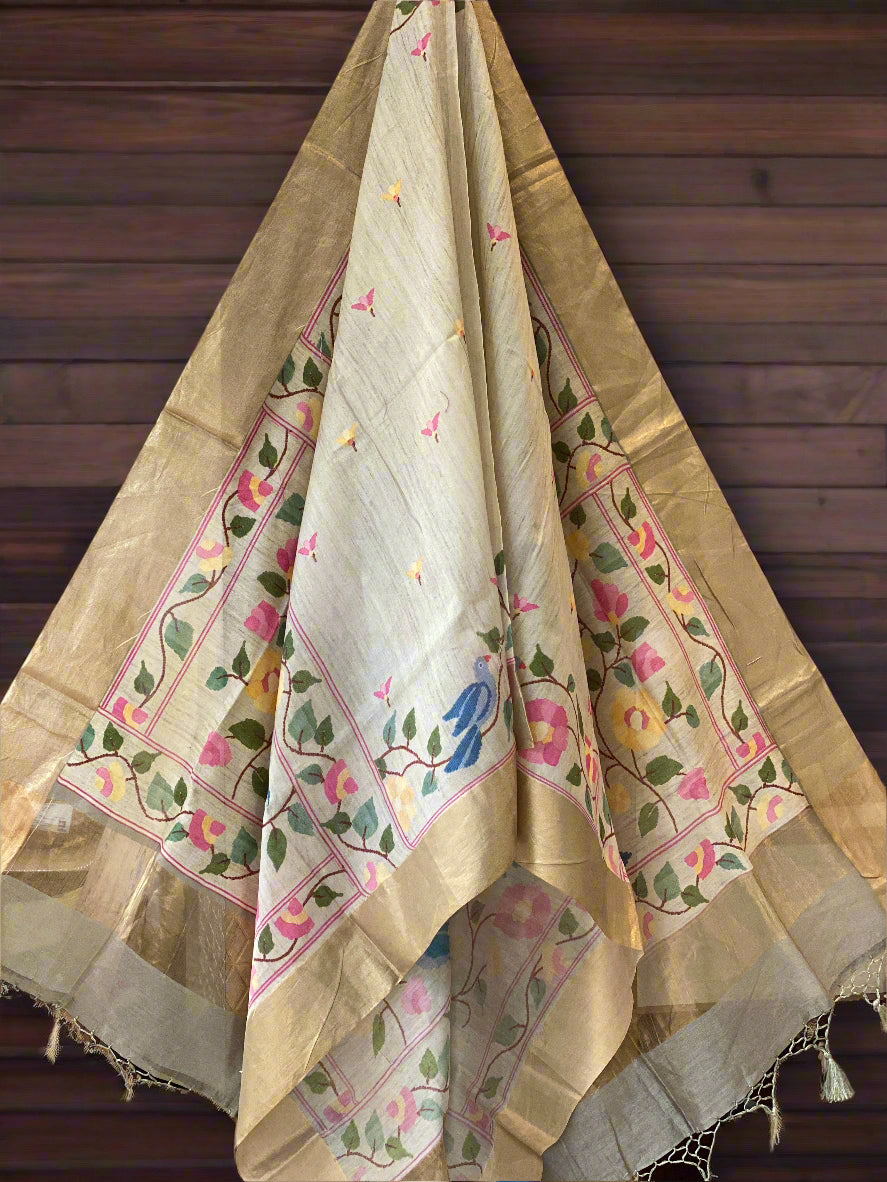 Subtle White 3 PCS Unstitched Suit Set With Hand Embroidery & Digital Dupatta by Shades Of Benares - banarasi - banarasi saree shop - banarasi saree manufacturers - banarasi saree wholesale - banaraasi sarees