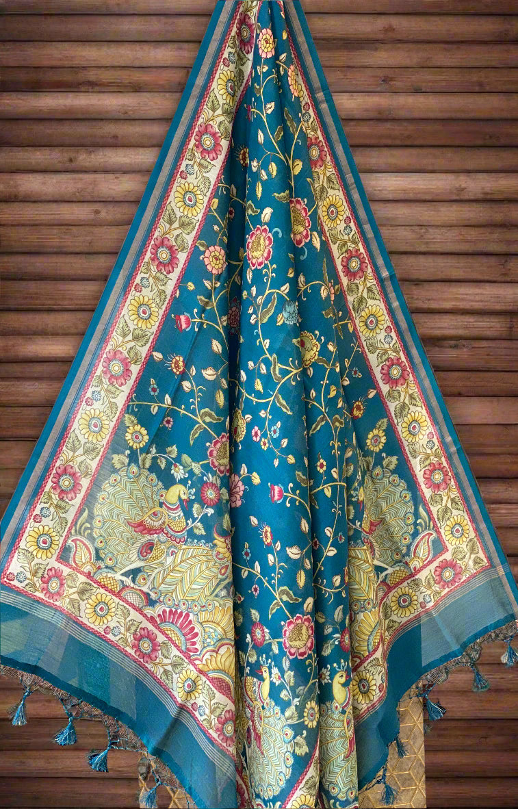 Emarald Blue 3 PCS Unstitched Suit Set With Hand Embroidery & Digital Dupatta by Shades Of Benares - banarasi - banarasi saree shop - banarasi saree manufacturers - banarasi saree wholesale - banaraasi sarees