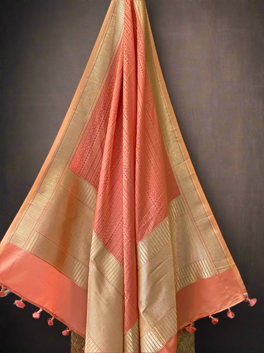Peachish Orange Pure Silk Banarasi Dupatta With Tanchui Weave & Tassels by Shades Of Benares - banarasi - banarasi saree shop - banarasi saree manufacturers - banarasi saree wholesale - banaraasi sarees