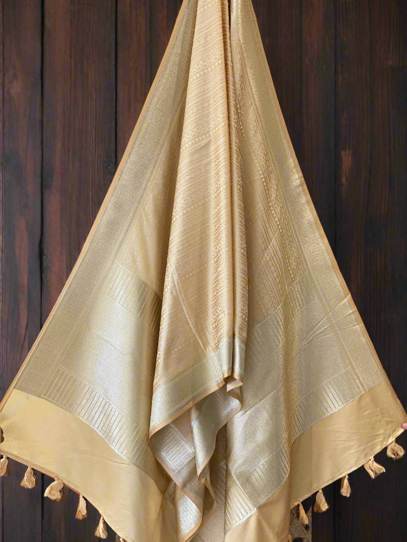 Elegant Beige Pure Silk Banarasi Dupatta With Tanchui Weave & Tassels by Shades Of Benares - banarasi - banarasi saree shop - banarasi saree manufacturers - banarasi saree wholesale - banaraasi sarees