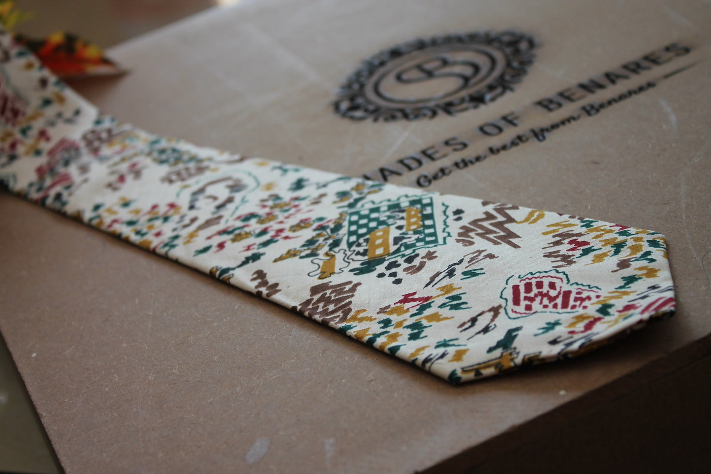 Classic White Men's Neck Tie in Pure Banarasi Silk with Hand Print by Shades Of Benares - banarasi - banarasi saree shop - banarasi saree manufacturers - banarasi saree wholesale - banaraasi sarees