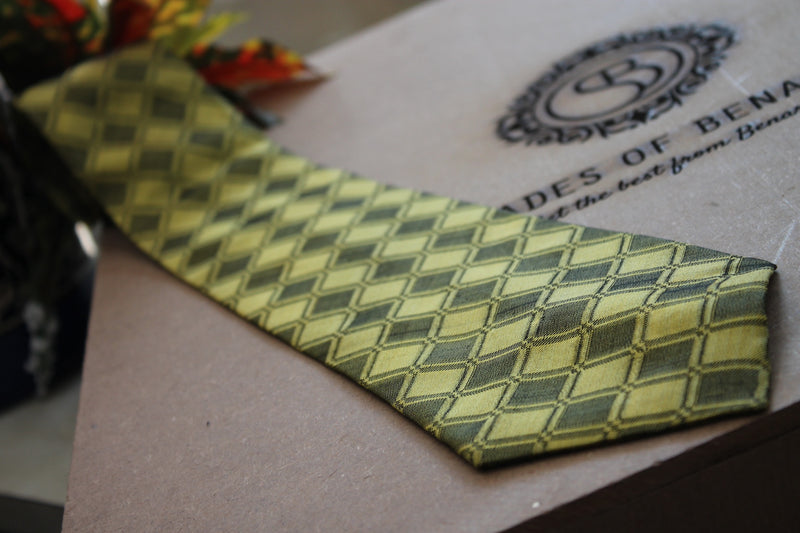 Stylish green and black men's neck tie in pure Banarasi silk with hand print. Perfect accessory by Shades of Benares.