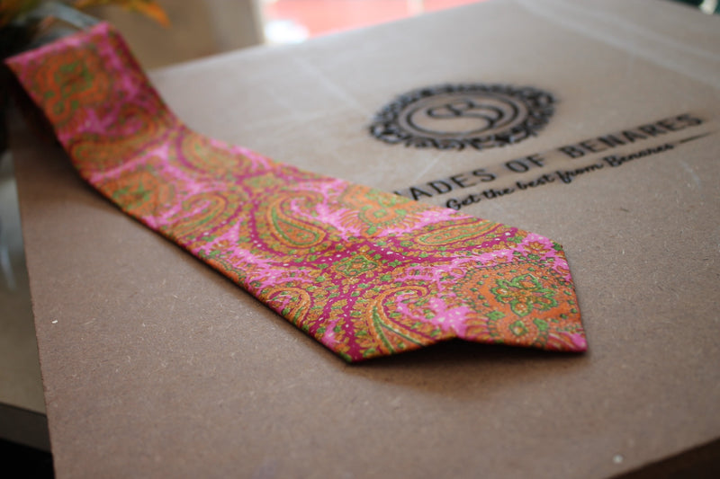Pink Banarasi Silk Neck Tie by Shades of Benares, perfect for adding a touch of chic elegance to any outfit.
