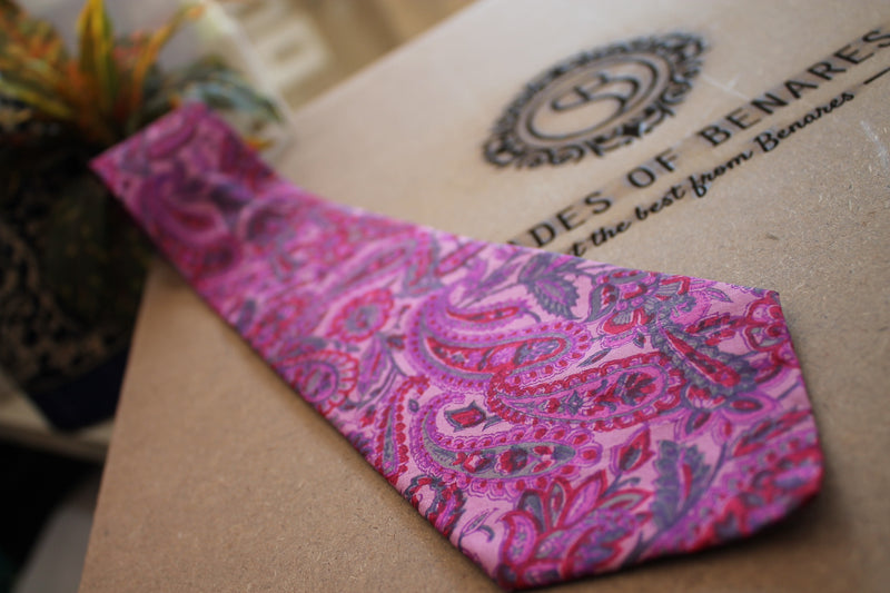 Luxurious pink Banarasi silk tie by Shades of Benares. Perfect accessory for a touch of elegance.