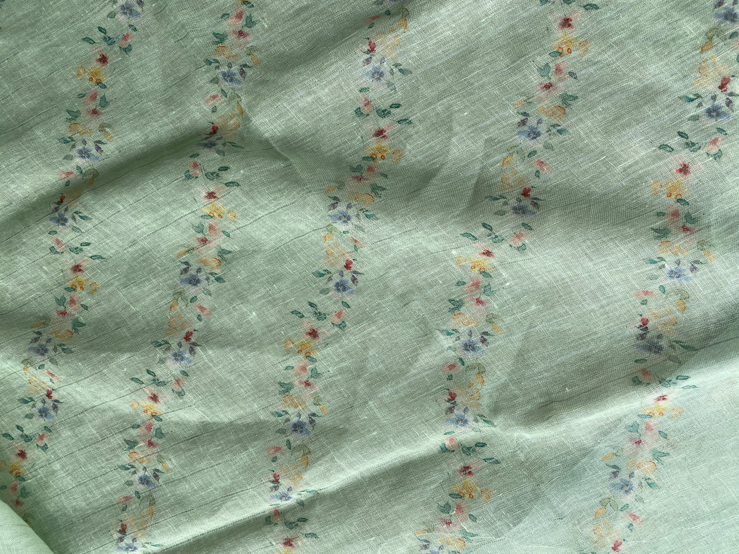 Sea Blue Pure Linen Saree With Meenakari Floral Hand Print by Shades Of Benares - banarasi - banarasi saree shop - banarasi saree manufacturers - banarasi saree wholesale - banaraasi sarees