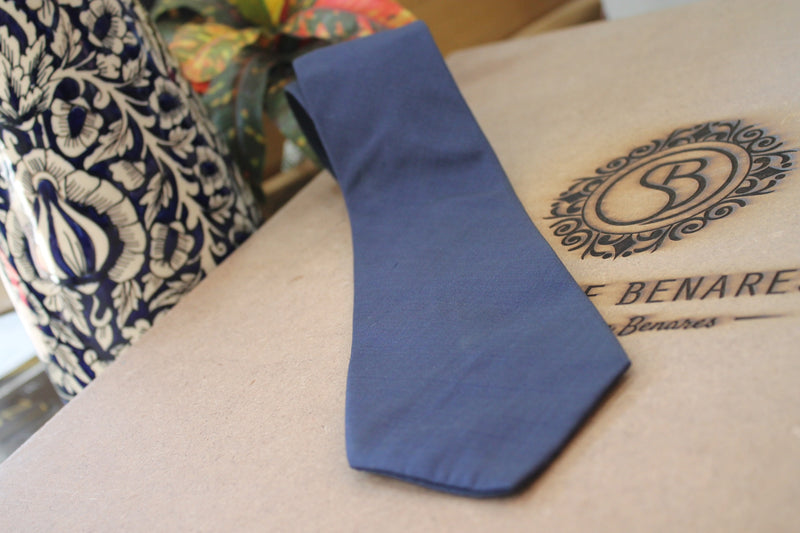 Navy blue Banarasi pure raw silk neck tie - Limited Edition by Shades of Benares.