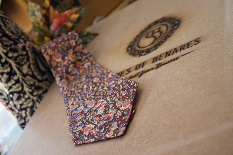 Brown floral Banarasi raw silk neck tie by Shades of Benares - Limited Edition, elegant and sophisticated.